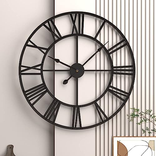 GUDEMAY Wanduhr Groß XXL 50 cm Durchmesser Wanduhr ohne Tickgeräusche lautlos Retro römische Ziffern Vintage Landhausstil Metall Uhr Wand für Wohnzimmer Küche Schlafzimmer Büro - Schwarz