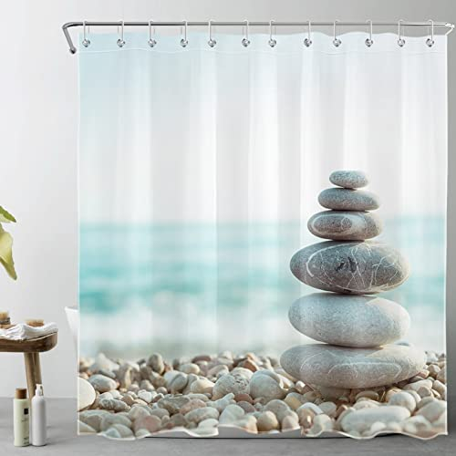 LB Zen Stein Duschvorhang 180x180cm Krickentenmeer Antischimmel Wasserdicht Badezimmer Vorhänge, Küstenstrand Landschaft Polyester Stoff Bad Vorhang mit Haken
