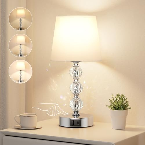 Aooshine Bedside Table Lamp, Crystal Touch Lamps for Bedroom/Living Room | UK Plug, USB C+A Charging Ports, Small Bedside Lamp with 3 Way Dimmable, Bedroom Lamp with White Fabric Shade, Bulb included