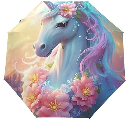 GAIREG Schöner niedlicher Einhorn-Regenschirm, zusammenklappbar, automatisches Öffnen und Schließen, kompakt, winddicht