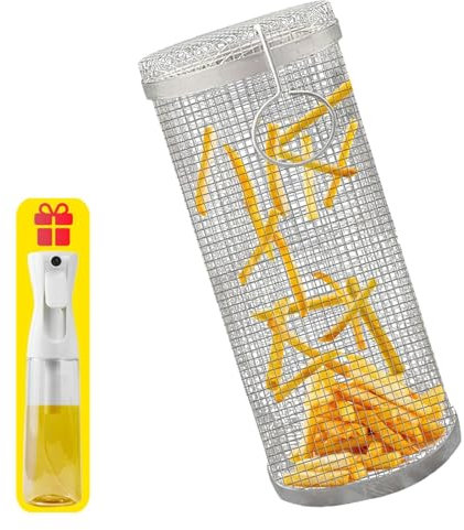 Panier Grill Pivotant ， Grande Capacité Gril Barbecu ， Pour LéGumes, Frites, Poisson (Livré Avec Un PulvéRisateur D'Huile De 300 Ml),1pcs