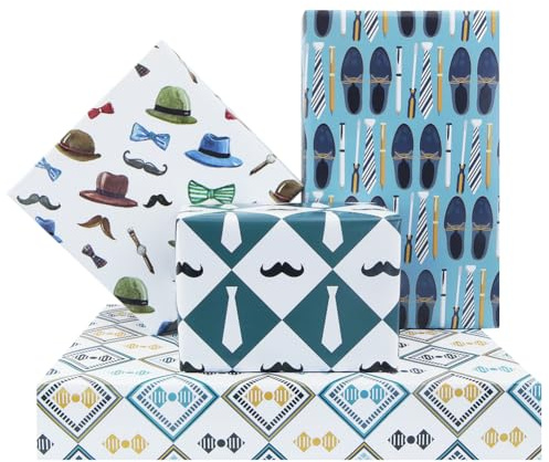 Carta da regalo per la festa del papà, nonno, uomo, cravatta, baffi, cappello divertente, orologio, papillon, design per festa del papà, compleanno del papà, 4 motivi piegati piatti, 50 x 70 cm per