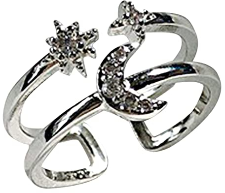Stapelbares Daumenöffnungsring-Set für Der Wind Star Moon Ring Hipster Minority Light Luxury Star Moon Double Layer Mund Zeigefinger Mode verstellbare Fingerringe Geschenk Beziehung (Silver, One Size)