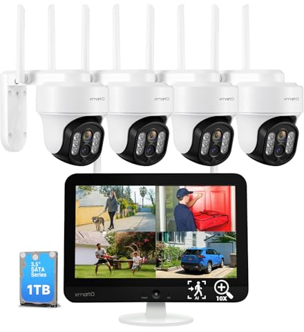 [WiFi 6 & 10X Zoom] XMARTO Outdoor Wireless PTZ Security Camera System with 10X Zoom and AI Auto Tracking, 6MP Dual Lens Cameras, 12 LCD NVR/DVR Monitor