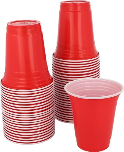 HENBRANDT 100 Red Plastic Cups 12oz Versatile Red Cups American Style Frat Party Cups Juice Pong for Birthday Parties Hen Party Stag Do Student Night Summer Fun Drinking Games Reusable Partyware