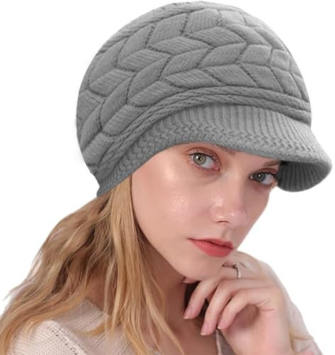 NLAND Cappello Donna Invernale Elegante Berretto in Maglia con Fodera in Pile Morbido Caldo Basco con Visiera(Grigio)