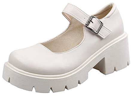 Generisch Mary Jane Damen-Schuhe, Retro-Schnalle, Riemen, runde Zehen, Flache Öffnung, japanische süße Lolita-Prinzessinnen-Schuhe, Q 449 Weiß, 37.5 EU