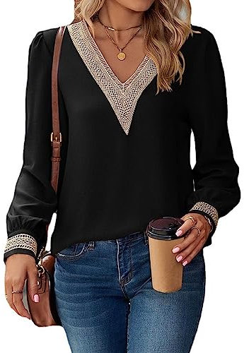 Guipure-Bluse mit V-Ausschnitt, Spitzenbesatz, Lange Ärmel, Modisch, Farbblock, Lässige, Schmal Geschnittene Guipure-Bluse für Damen für den Alltag (L)