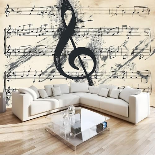 Retro 3D Wall Mural Music Sheet Music Notes Premium Non Woven 3D Photo Wallpaper Wall Mural, for Bedroom Living Room Decoration W300 X H210 Cm