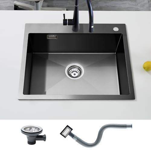 KEOKBON Fregadero de cocina de 60 x 50 cm, acero inoxidable, 1 cuenco, acero inoxidable con orificio para grifo, incluye colador de desagüe e instrucciones de montaje (idioma español no garantizado)