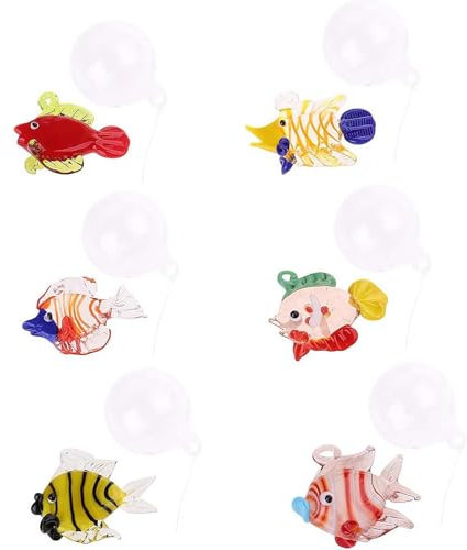 HFINGAQEX Paquete de 6 decoraciones de peces flotantes de cristal coloridas, adorno de peces realistas, diseños de burbujas artesanales, decoración de flotadores de acuario, figuras de peces de