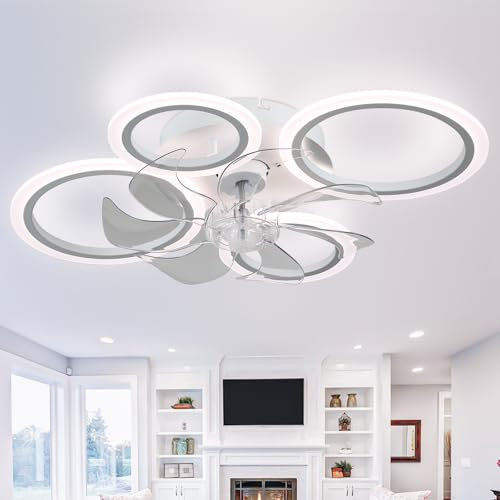 Finktonglan Modern LED Ceiling Fans with Lights, 63 cm Dimmable 4 Rings Ceiling Fan with Remote 6 Speeds Bedroom Fan Light Quiet Ceiling Fan Light for Living Room, White