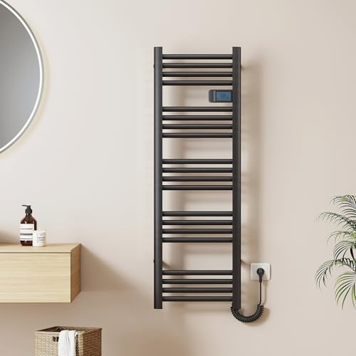 EMKE Elektrischer Handtuchheizkörper 1200 x 400 mm, Badheizkörper Elektrisch mit Touchschalter Timer, Handtuchtrokner Handtuchwärmer Elektrisch Handtuchheizung Schwarz Matt 450W