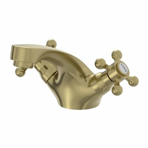 Park Lane® Oxford Bathroom Basin Sink Mixer Tap Traditional Mono Round Twin Crosshead Handle Faucet for Sinks, Brushed Brass