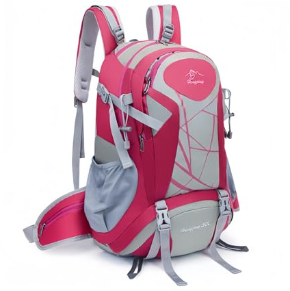 CEIEVER Zaino da trekking da 40 l, da uomo e da donna con copertura antipioggia, zaino impermeabile con ventilazione posteriore e schienale in rete, per ciclismo, alpinismo e viaggi, Rose Red-35l, 40