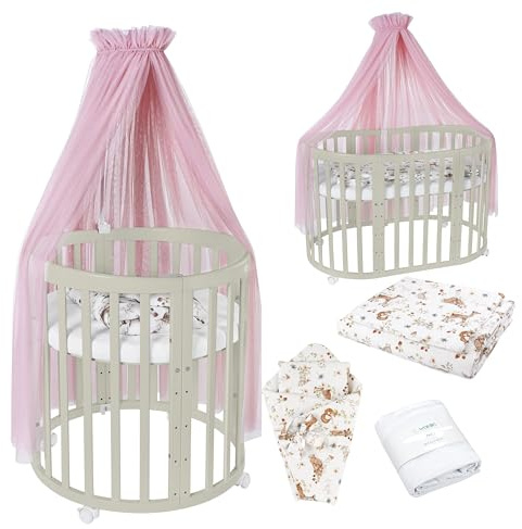 Waldin Oval Baby-Bett Mitwachsend Komplett Set 7in1, Gitterbett, Kinderbett mit Matratze, Wickelkommode, Beistellbett, Holz Olive, Stoffe Rosa Tiere