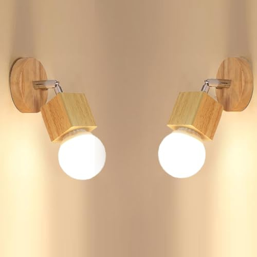 LIGKIN 2 Stück Wandleuchte Holz Retro Wandlampe Deco Wandstrahler 350° Drehbare Wandbeleuchtung Industrielle Wandleuchte E27 Deckenleuchte Innen für Flur Zimmer Bar (Quadratisch)