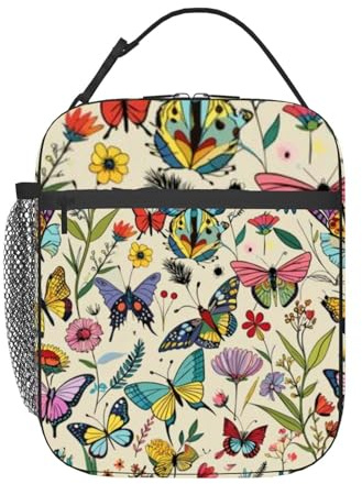 Anceky Freigeistige Schmetterlinge und Vögel zwischen Wildblumen. Isolierte Lunchtasche für Männer und Frauen. Große tragbare wasserdichte wiederverwendbare Thermo-Lunchbox mit Taschen für Arbeit, Re