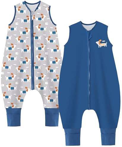 Teechodina Baby Schlafsack mit Füßen 2er Pack 100% Baumwolle 1.5 Tog Kinder Ganzjahres Schlafsack mit Beinen für Jungen Mädchen, 1.5 Tog/Dunkelblau + Welpe, 100cm/Baby Höhe 110-120cm