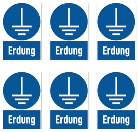 Aufkleber: 75x50 mm, 6 Stück - Erdung - Gebotszeichen mit Text (deutsch) (blau/weiß) - hochkant - M005 - DIN EN ISO 7010 / ASR A1.3