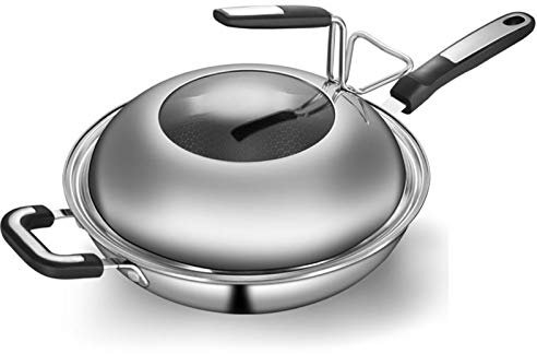 Prettiee Frying Pan Skillet Durable No Oily Fry pan 32cm Coating Skillets 304 Stainless Steel with lid Silver