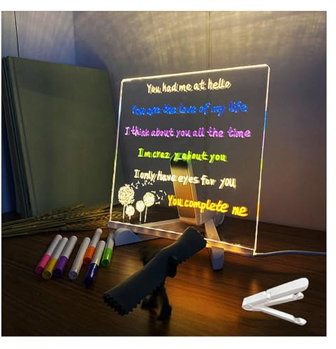 Hazomeu Tableau Lumineux Message LED avec Support Réglable et Stylo 7 Couleurs Tablette à Dessin Lumineuse Essuyable Tablette LED Acrylique,15x15cm