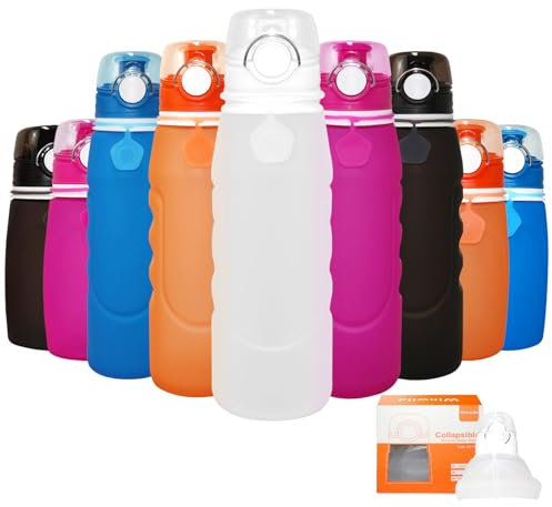 Winwild Botella Agua Plegable Silicona 1000 ml,Ultraligera Prueba Fugas,Plegable,Para Deportes Aire Libre, Ciclismo (Blanca)