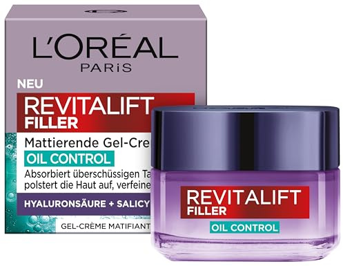 L'Oréal Paris Revitalift Filler Mattierende Gel-Creme Oil Control – Gesichtscreme mit Hyaluronsäure und Salicylsäure gegen fettige Haut, 50 ml