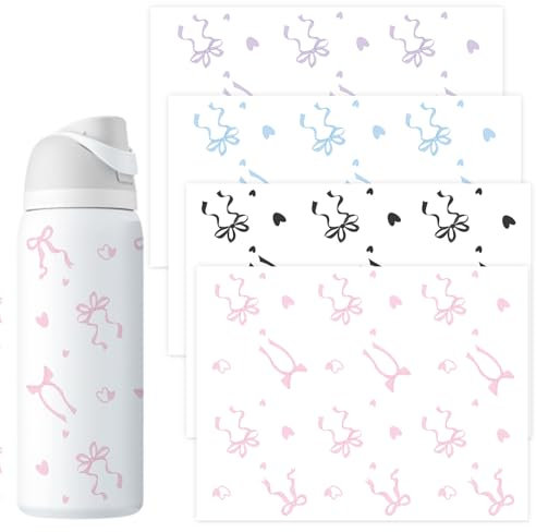 BOXOB 4 Sheets Bows DTF Stickers, Cup Wraps for Glass Cups Cute Aesthetic Heart Bow Transfer Stickers Decals for Owala 24/32oz Tumbler Water Bottle DIY Craft Gift (4 Colors)
