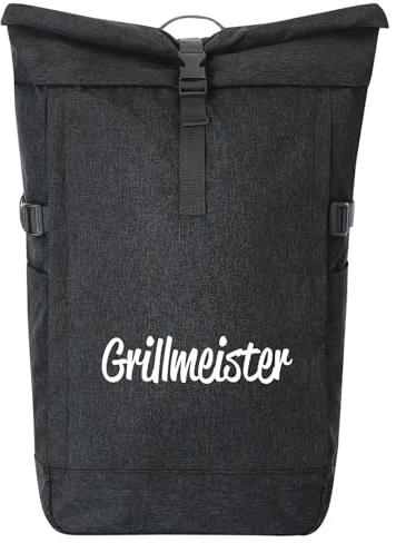 Huuraa Kurierrucksack Grillmeister BBQ 30-44 Liter Black Melange Fairtrade Rolltop Rucksack Geschenkidee
