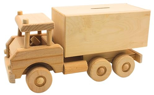 Dekohelden24 Nachhaltige fahrbare Holz - Spardose, Sparbüchse als LKW, XXL - LKW - Spardose, Kinderspardose Lastkraftwagen, Spartransporter, großer Holz - LKW, L/B/H 30 x 11 x 15 cm.