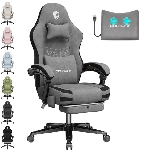 Douxlife Gaming Stuhl mit Massagefunktion Ergonomischer Bürostuhl | Stoff Gamer Sessel mit Fu?stütze, Verbreitertes Federsitzkissen, Schreibtischstuhl Belastbar bis 158kg, Hellgrau
