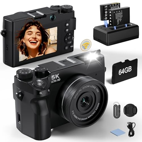 5K Digital Camera for Photography, 75MP Point and Shoot Digital Cameras with 64GB, Dual Lens 18X Zoom Autofocus for Beginners, WiFi Vlogging Camera for YouTube, 2 Batteries & 1 Charger