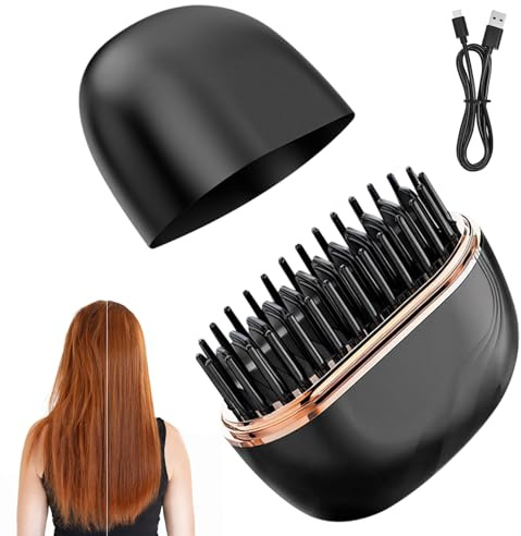 Mini Hair Straightener Brush,Tragbare Taschen-Glättbürste,2 in 1 Mini-Glätteisen Kabellos,Glättbürste,3-Stufige Temperaturregelung,30-Sekunden,Schnellaufheizung,für Alle Frisuren Geeignet(Schwarz)