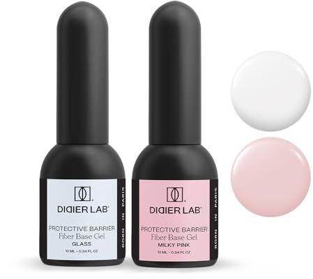 DIDIER LAB Fiber Gel Base Coat Set – Clear Glass & Milky Pink - Strengthening Builder Base with Vitamins and Minerals – Self-Leveling Fiberglass Formula – Perfect Natural Gel Manicure 2x10ml