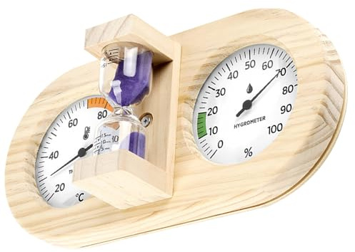 Supvox Sauna Thermometer Hygrometer Holz mit 15-Minuten Sanduhr Präzise Temperatur und Feuchtigkeitsmessung für Dampfsauna Saunaraumklima Langlebig und Hitzebeständig