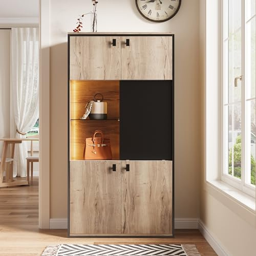 FammyLoft Sideboard mit LED, Kommode mit 4 Türen, Highboard mit mittlere Schiebetüren, Highboard, Büroschrank, für Eingangsbereich/Wohnzimmer/Esszimmer, 78x36x150cm, Natural