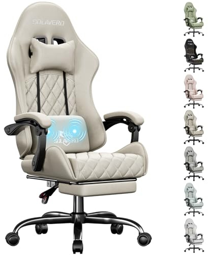SOLAVERO Silla Gaming de Tejido de Antelina, Capacidad 150KG Beige | Silla Gamer Ergonómica con Soporte Lumbar Masaje, Reclinable 90-135°, Sillón Gamer con Reposapiés Telescópico