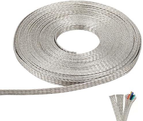 NBEADS 10m Tinned Copper Braided Cable Sleeves, 6mm Wide Platinum Color Flat Mesh Shielding Sleeve Wire Cover Protector for Interference Protect Wire