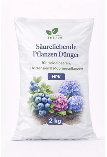 DTP-SOFT Heidelbeerdünger 2kg - Hortensiendünger für säureliebende Pflanzen - Moorbeetdünger für Heidelbeeren, Blaubeeren, Hortensien, Rhododendren und Azaleen - NPK Dünger für kräftiges Wachstum, int