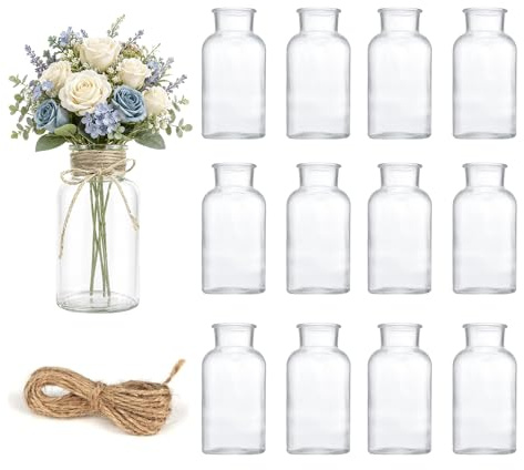 Set de 12 Jarrones de Vidrio 125ml, Boca Ancha 3.3cm con 10m Cuerda de Yute, Estilo Vintage Lavable para Decoración de Mesa, Centros de Mesa, Hogar, Bodas, Fiestas, Laboratorio