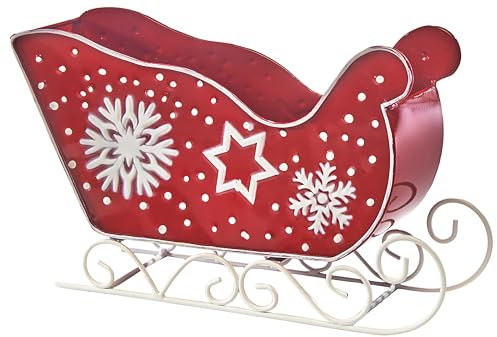 Kobolo Dekoschlitten NORDICA 33,5x11x20cm rot, Weihnachtsschlitten aus Metall mit weißen Verzierungen, dekorativer Schlitten für Advents- & Winterdeko, Festliche Tischdeko & Weihnachtsdekoration