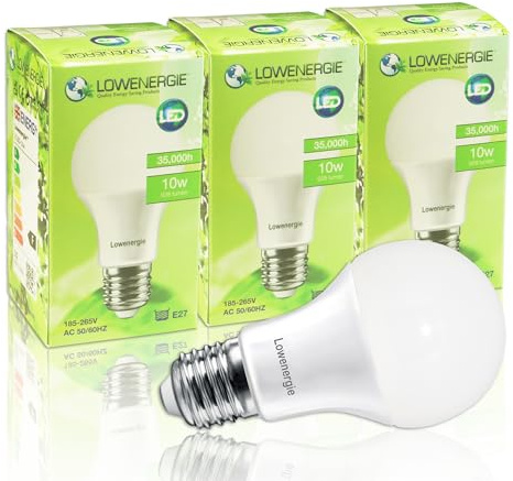 LOWENERGIE LED Light Bulbs 10W Edison Screw E27 Day White 6000K A60 GLS Lamps – Pack of 3 Energy-Saving Everyday Lighting [Energy Class F]