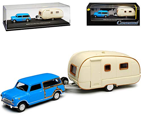 Cararama Mini Cooper Ur Modell Traveller Blau 1959-2000 mit Anhänger Caravan II 1/72 Modell Auto mit individiuellem Wunschkennzeichen