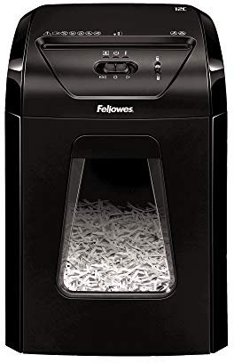 Fellowes Paper Shredder for Home Office Use - 12 Sheet Cross Cut Paper Shredder for Deskside Use - Powershred 12C Home Shredder with 19 Litre Pull-out Bin - High Security P4 - Black