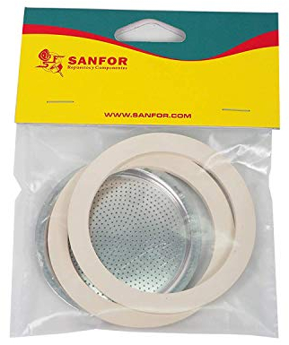 Sanfor Goma Plana para Cafetera 6 Tazas | Paquete 1 Filtro 2 Juntas | Caucho | Blanco | 7,2 x 7,2 x 0,1 cm