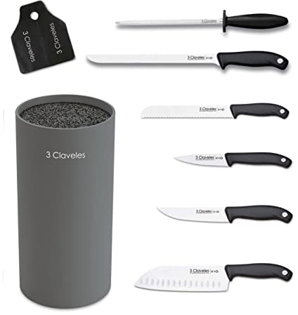 3 Claveles Línea EVO Juego de Cuchillos de Cocina, Acero Inoxidable, Negro + regalo cubre jamón