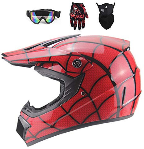 Rouge/ Toile d'araignée - Casque Moto Cross Enfant, Casque Motocross avec Lunettes Gants Masque, Casque VTT Integral Casque Hors Route Set BMX Enduro Velo Quad ATV Scooter (M)
