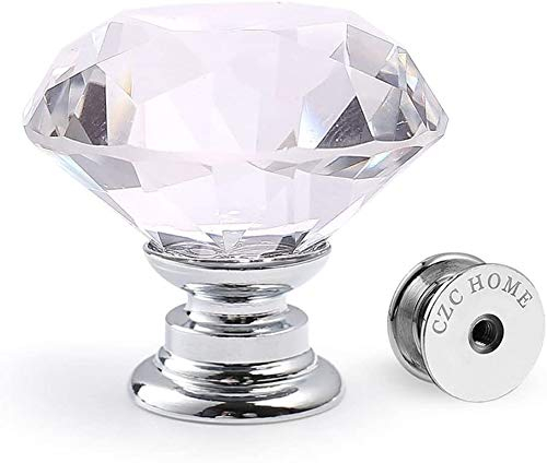 CZC HOME Schubladenknöpfe 25 Stück 30mm Diamant Geschliffene Kristallglas mit Schrauben in 3 Verschiedenen Längen, Griffe für Schränke Transparent-Silber