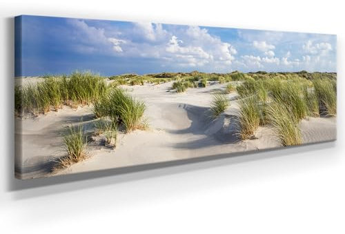 Atemberaubendes Nordsee Bild als Panorama Leinwand 150x50cm, Motiv Langenoog Dünen. Ein einzigartiges XXL Wandbild als Deko für Wohnzimmer, Schlafzimmer, Küche. Aufgespannt auf Holzrahmen